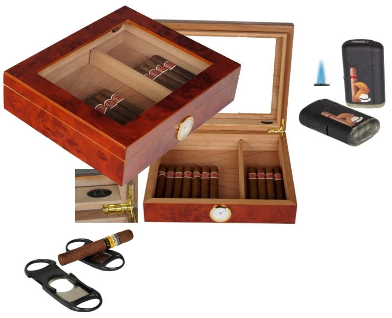 Artikelbild 1 des Artikels “Humidorset LA Amboina Maser Finish Kristallglas V-240 Polymerbefeuchter “