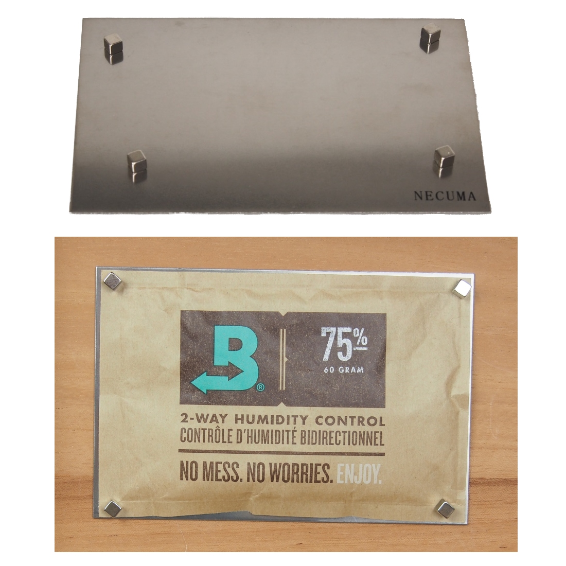 Artikelbild 1 des Artikels “Necuma Halterung für 2 Wegebefeuchter + 1 Stück Boveda 75% 60 Gramm “