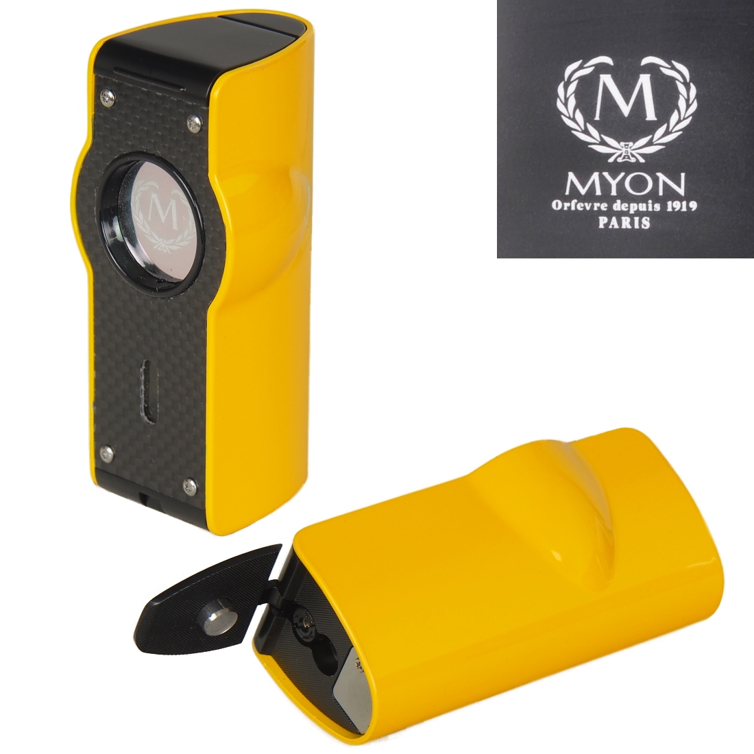 Artikelbild 1 des Artikels “Myon Paris Zigarrenfeuerzeug Tischfeuerzeug 4-Jetflamm Sensor Bohrer Racing Edition gelb “