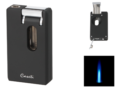 Artikelbild des Artikels “Caseti Zigarrenfeuerzeug Jet Flame schwarz matt mit Zigarrenabschneider Kerbschnitt und Bohrer 0,8mm “
