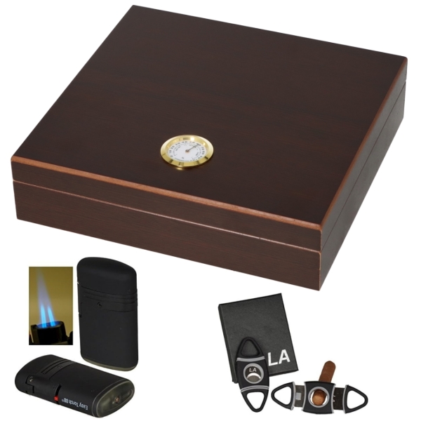Artikelbild 1 des Artikels “Humidor - Geschenkset Roosewood-Finish Außenhygrometer  Polymerbefeuchter, Cutter, Feuerzeug “